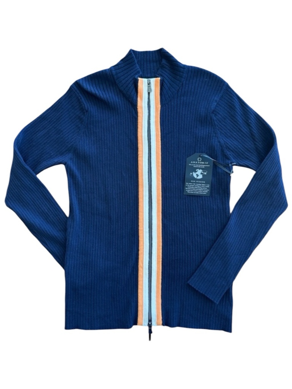 Anatomie Charlize Navy Zip-Up Ribbed Travel Sweater Orange Cream Stripe